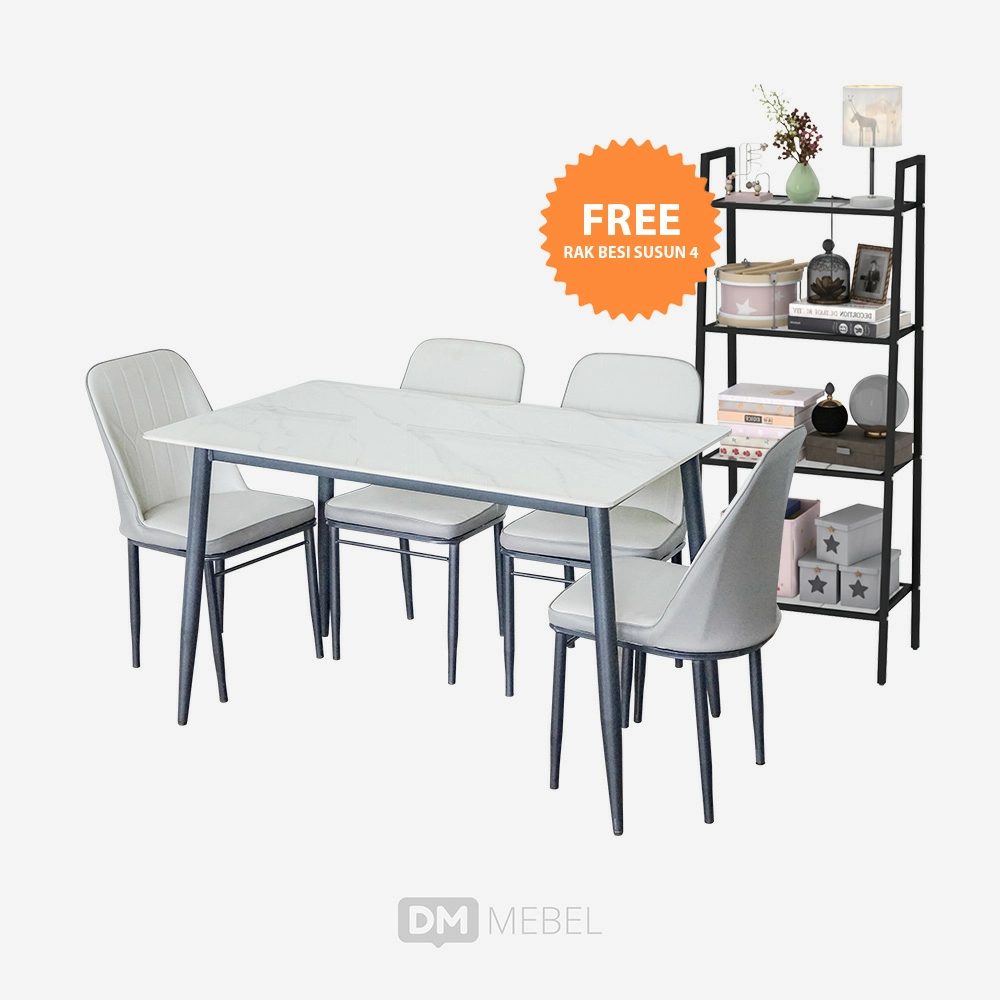 DM MEBEL MEJA MAKAN K4 MADISON WHITE + DM MEBEL RAK SERBAGUNA BESI SUSUN 4 SELVA MSU 60T4 BLACK BAVARIAN_WEB BUNDLING